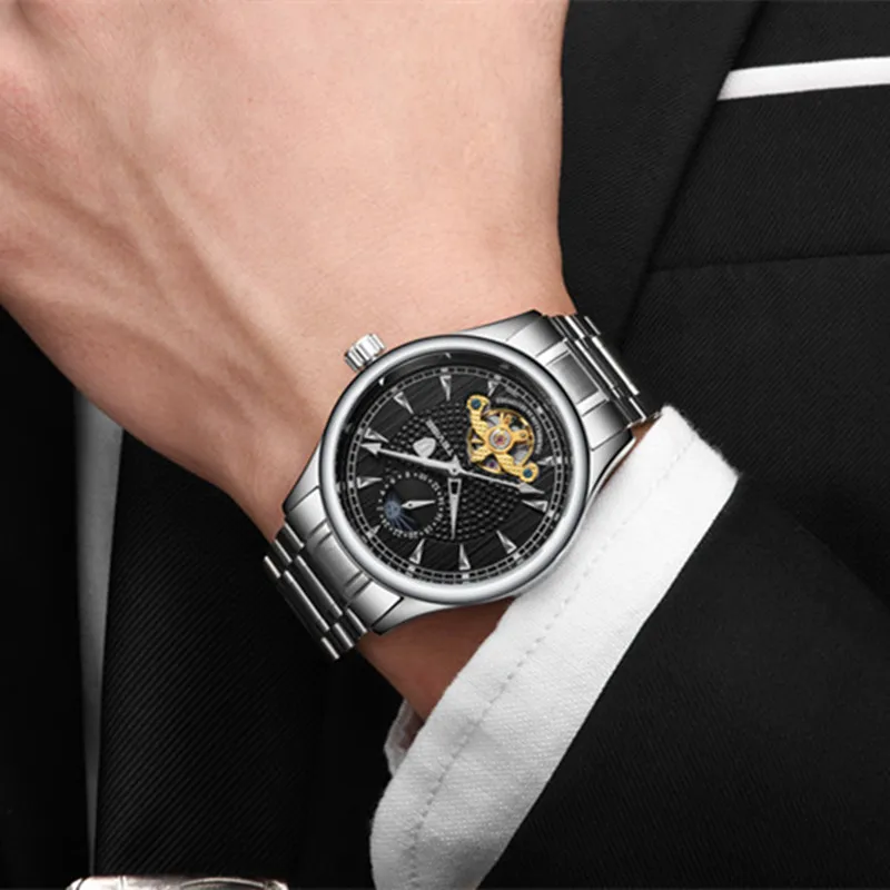 Мужские часы 2022 TEVISE T808 Moon Phase с турбийоном автоматические светящиеся стрелки