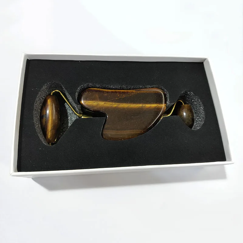 tiger eye roller set Розовый кварц роликовый набор антивозрастной обсидиан массажер для лица натуральный зеленый нефрит подъемный ролик для лица Аметист гуаша доска комплект коробка - Цвет: tiger eye roller set