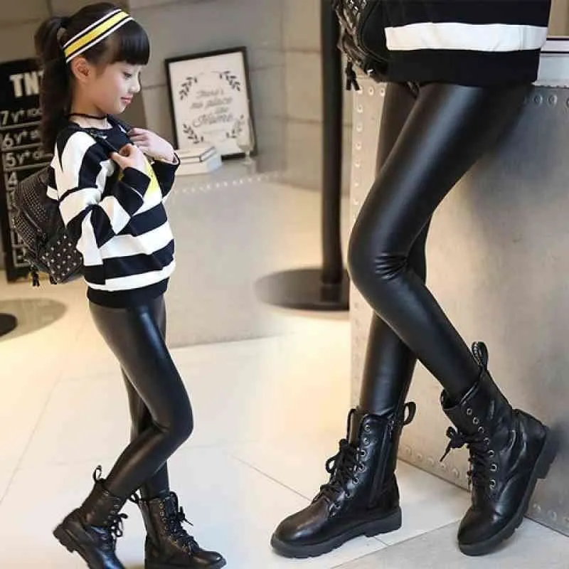 Children's pants leggings Autumn new thin models girls Pu leather popular imitation leather pants Elastic Solid Kids Trousers