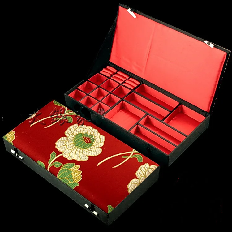Boutique Multi Grid Jewelry Storage Case Wedding Gift Silk Brocade Multi Ring Earrings Bracelet Necklace Decorative Boxes