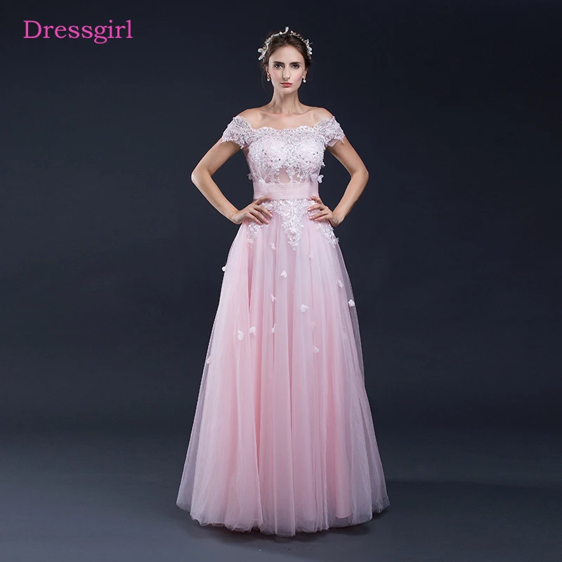 

Pink Prom Dresses A-line Boat Neck Cap Sleeves Tulle Lace Beaded Long Women Prom Gown Evening Dresses Robe De Soiree