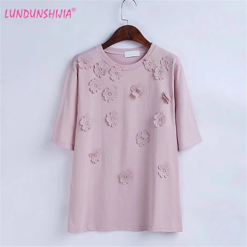 LUNDUNSHIJIA Lace Flowers Decoration T-Shirt 2017 Summer Elegant Fashion Blusas Female Loose Cotton T Shirt Women Tops Tee | Женская