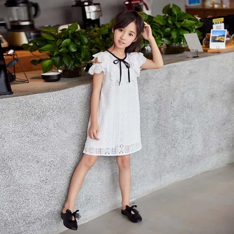 Summer Girls Lace Dress Hollow Flower Princess Teenage Elegant Short Sleeve White For Girl RT388 | Детская одежда и обувь
