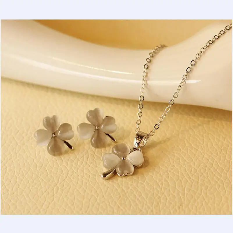 Quality real cat eye opal stone 4 Leaf Leaves clover necklace earrings charms women party girl fashion jewelry set | Украшения и