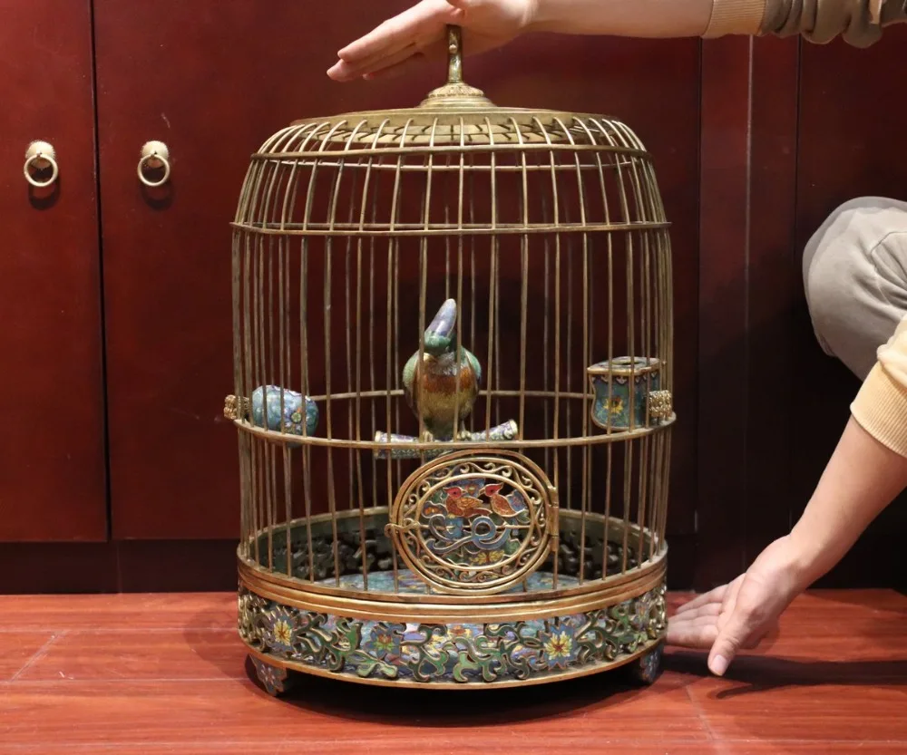 24&quot China Pure Bronze Cloisonne 24K Gold Scarlet Macaw Flower Bird Cage Birdcage | Дом и сад