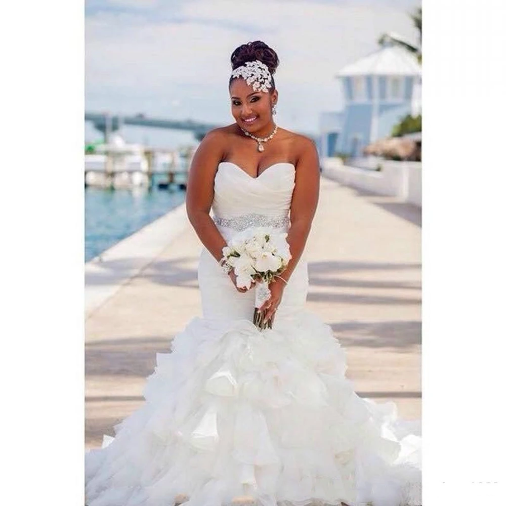 

Gorgeous Ruffle Organza Mermaid Plus Size Wedding Dresses Africa Tiers Beads Sash african Country Bridal Gown Train Bride Dress