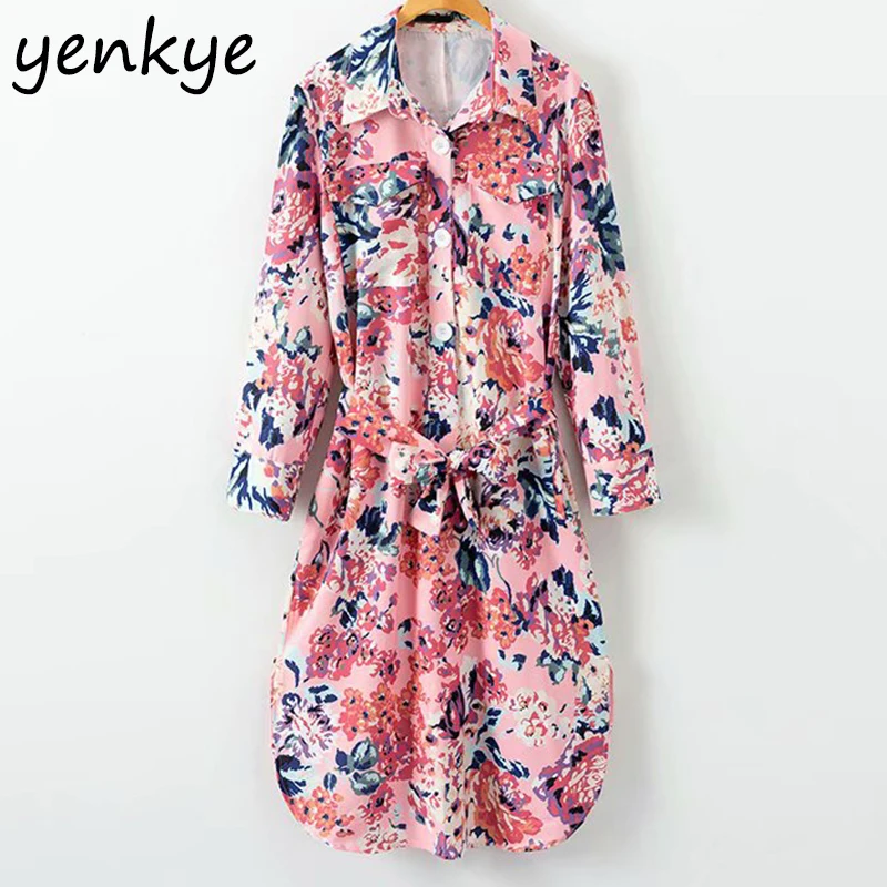 2019 женское платье-рубашка с цветочным принтом платье длинным рукавом и отложным