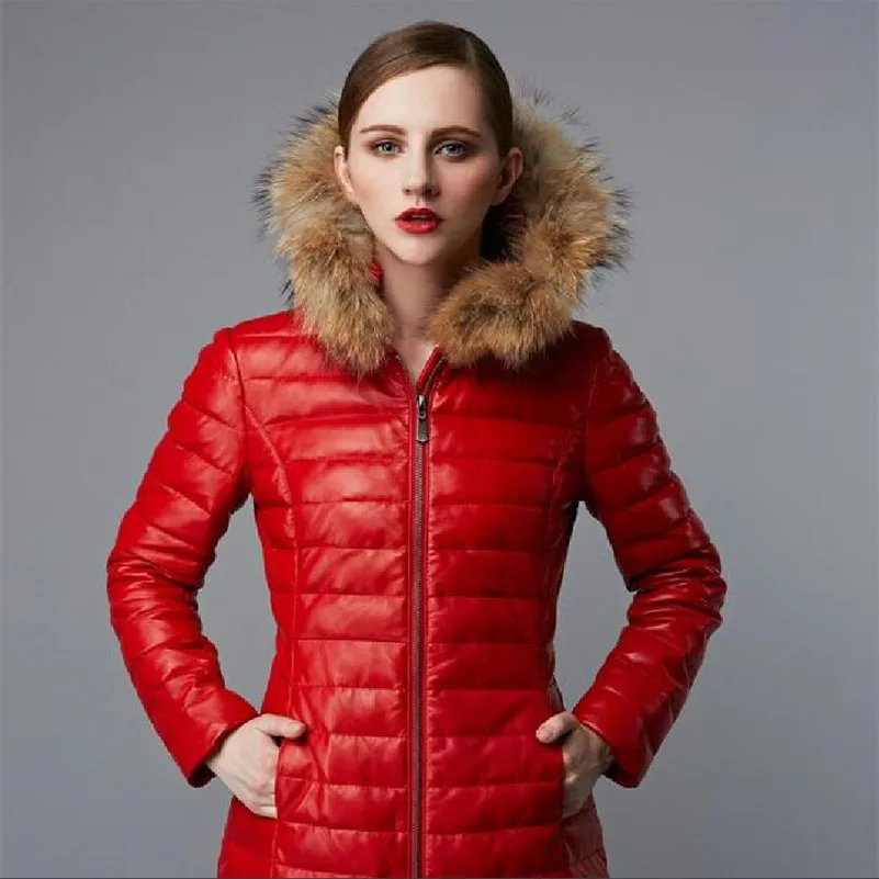 

Factory Direct 2016 Women Fashion Black and Red Genuine Leather Down Jacket Real Sheepskin Slim Fit Lady Long Winter Coats