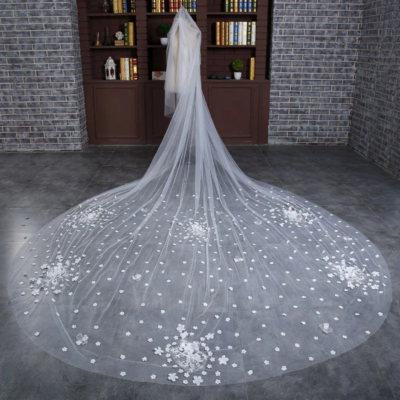 2017 новая слоновая кость Соборная свадебная фата 4 метра длинная Кружевная