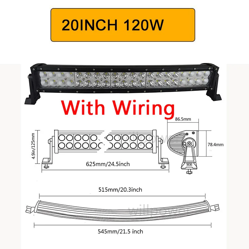 22in with wire Auxtings 22 32 42 50 52 ''дюймовый изогнутый СВЕТОДИОДНЫЙ светильник комбинированный светодиодный рабочий светильник 3D 7D бар Вождение внедорожный автомобиль грузовик 4x4 внедорожник ATV 12 В 24 В - Цвет: 22in with wire