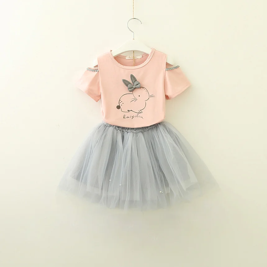AZ1578 Pink Melari/комплекты одежды для девочек, новая летняя модная детская футболка с короткими рукавами и рисунком+ разноцветная сетчатая юбка-пачка, детский костюм из 2 предметов - Цвет: AZ1578 Pink