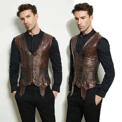 

Steampunk Men's Vintage Waist Coat Brown Vests Metal Rivet Decoration Tops Shirts Accessory For Male