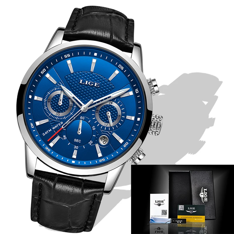 

LIGE Men's Watches Stopwatch Date Luminous Hands Genuine Leather 30M Waterproof Clock Man Quartz Watches Men Fashion Watch 2019