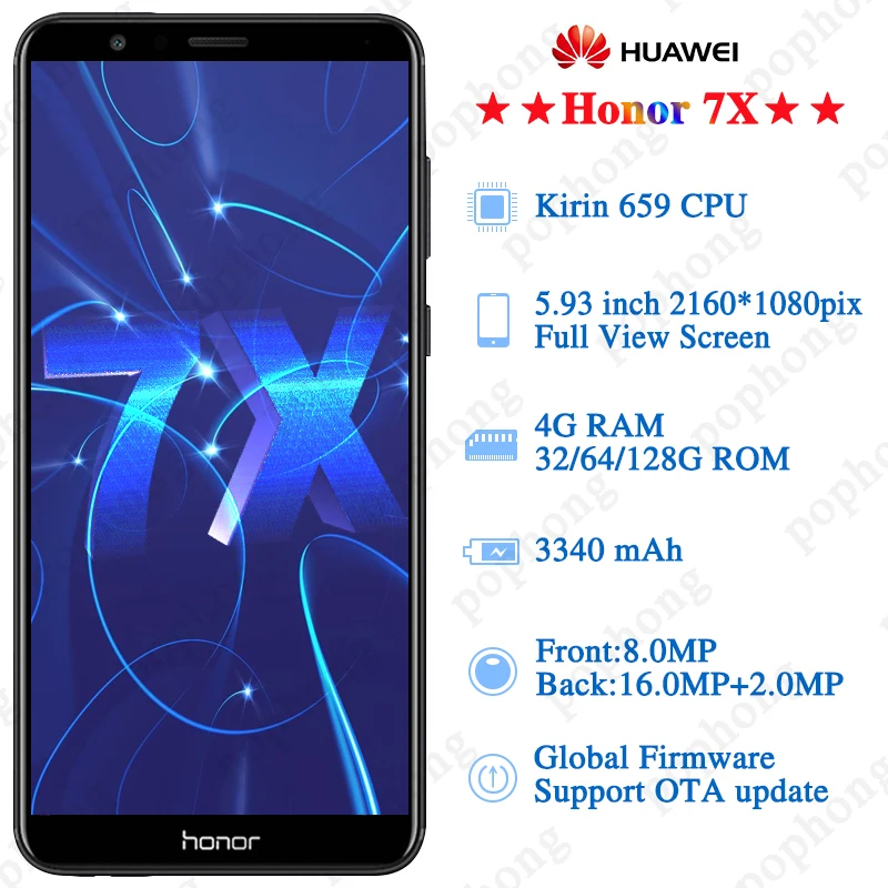 Global ROM HONOR 7X мобильный телефон 4 Гб 64 5 93 дюймов Kirin 659 Восьмиядерный Android 7 0 отпечаток