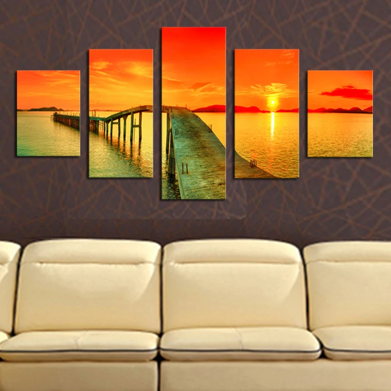 5 панелей без рамки Современная мост на закате морской пейзаж Картина холсте