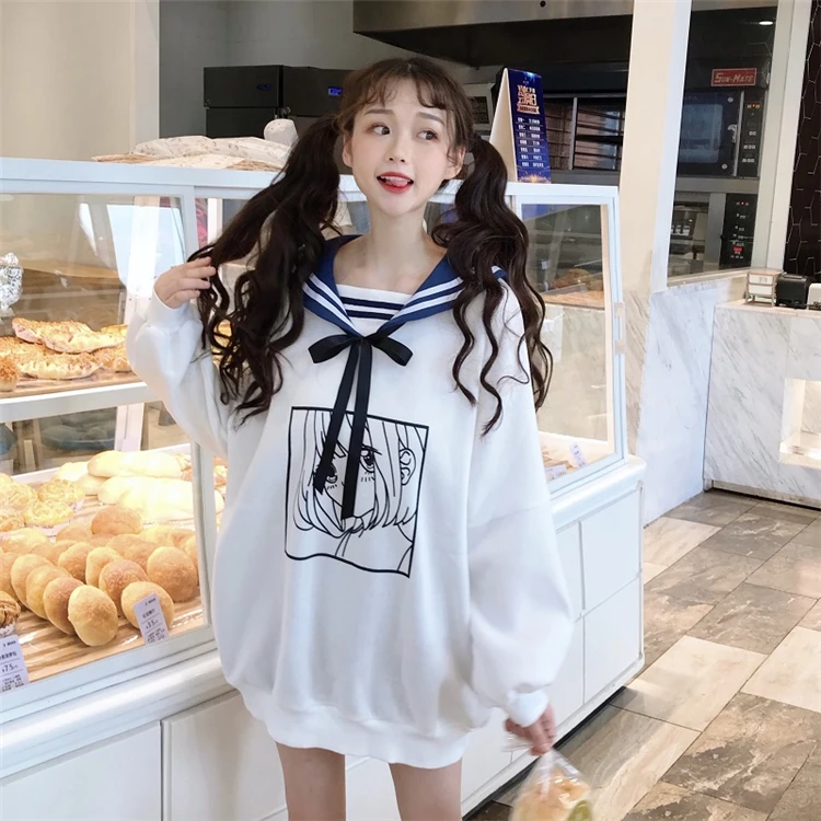 Японская женская одежда kawaii мультфильм Милая Толстовка свободный матросский