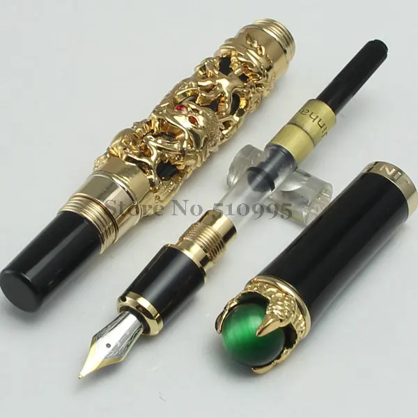 Jinhao играющий дракон с жемчугом элегантная высококлассная Золотая авторучка с бисер из зеленого нефрита на кепке, канцелярские товары для школы