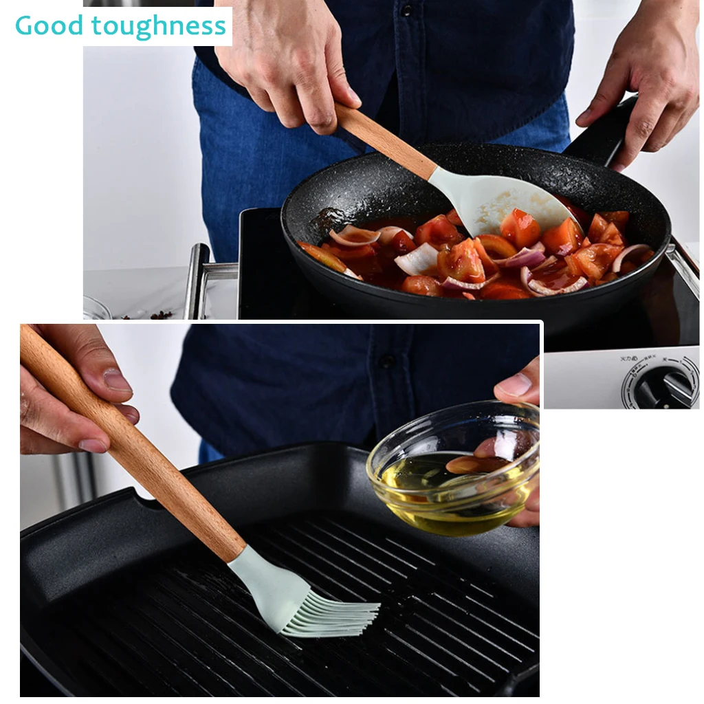 9/10/12 Pcs Silicone Cooking Tools Kitchen Utensils Set Bamboo Handles Cooking Tool None Toxic Kitchen Gadgets Nonstick Cookware