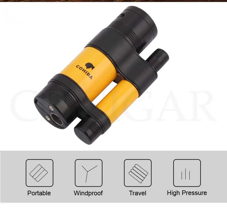 COHIBA 3 факел зажигалки ветрозащитный Карманный металлическая коробка для сигар легче, чем газ-бутан Роскошная Зажигалка для сигаретной сигареты встроенный сигары удар