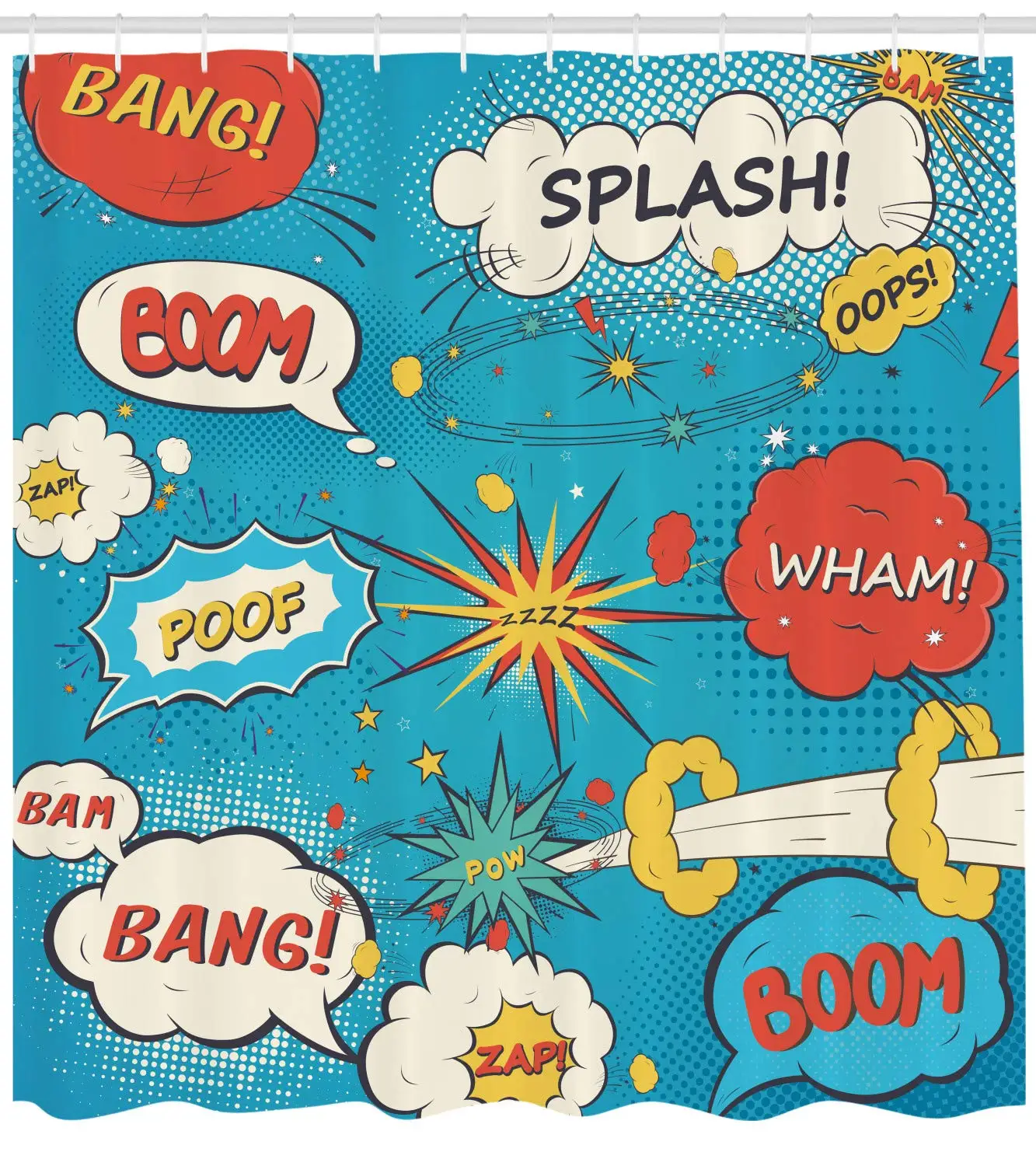 

Pop Art Style Comic Speech Bubbles Funny Humor Expressions Boom Splash Bang Fabric Bathroom Decor Set Blue Cream Red