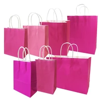 10 pcslot festival gift kraft bag hot pink shopping bags diy multifunction recyclable paper bag with handles 7 size optional