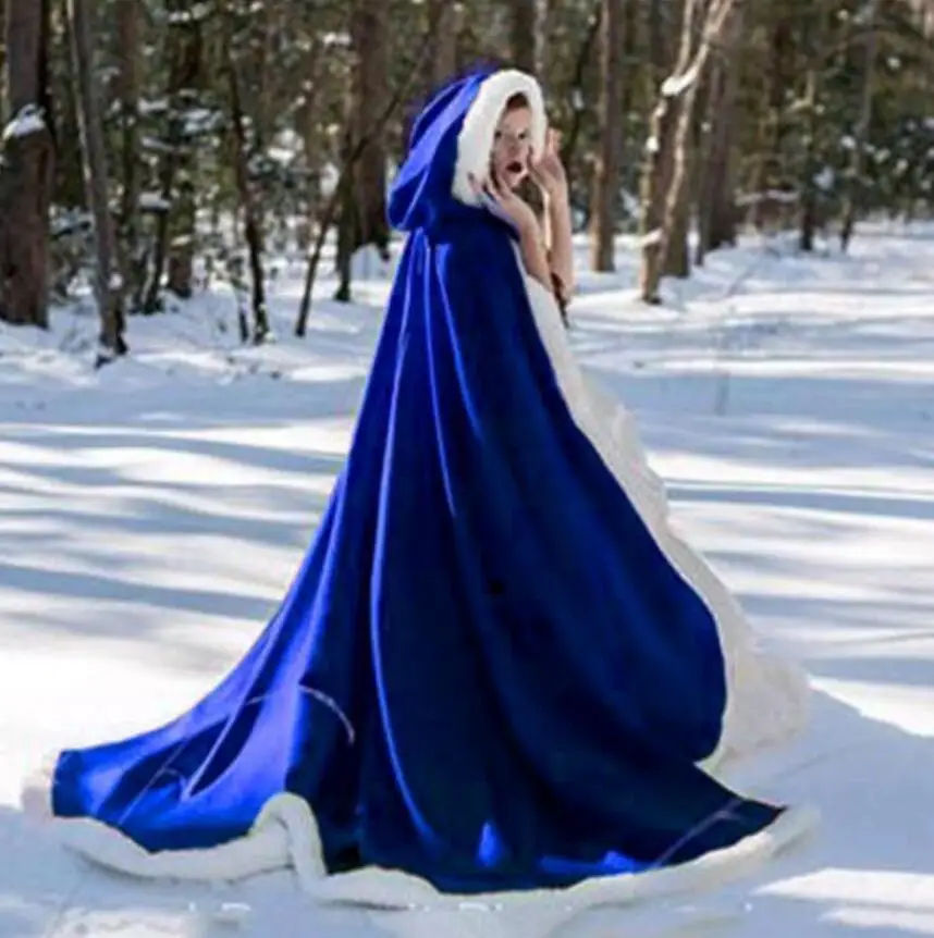 

Women's Coat Hooded Cape Satin Faux Fur Trim Winter Wedding Cloak Long Cloak Shawl