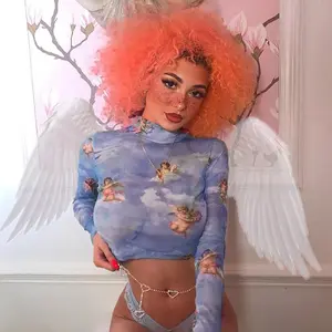 InstaЛидер продаж, короткий длинный топ с милым принтом ангела, рубашка для женщин, ажурный Цветочный стиль, шикарный аниме, укороченный топ, летняя блуза в стиле бохо