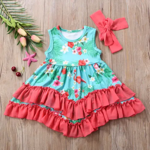 2018 New Princess Kid Girl Flamingo Floral Dress Baby Girls Sleeveless Summer Party Children Fashion Outfit Sundress | Детская одежда и