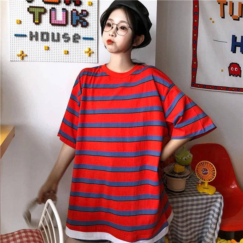 Женская футболка с короткими рукавами normcore летняя в полоску круглым вырезом