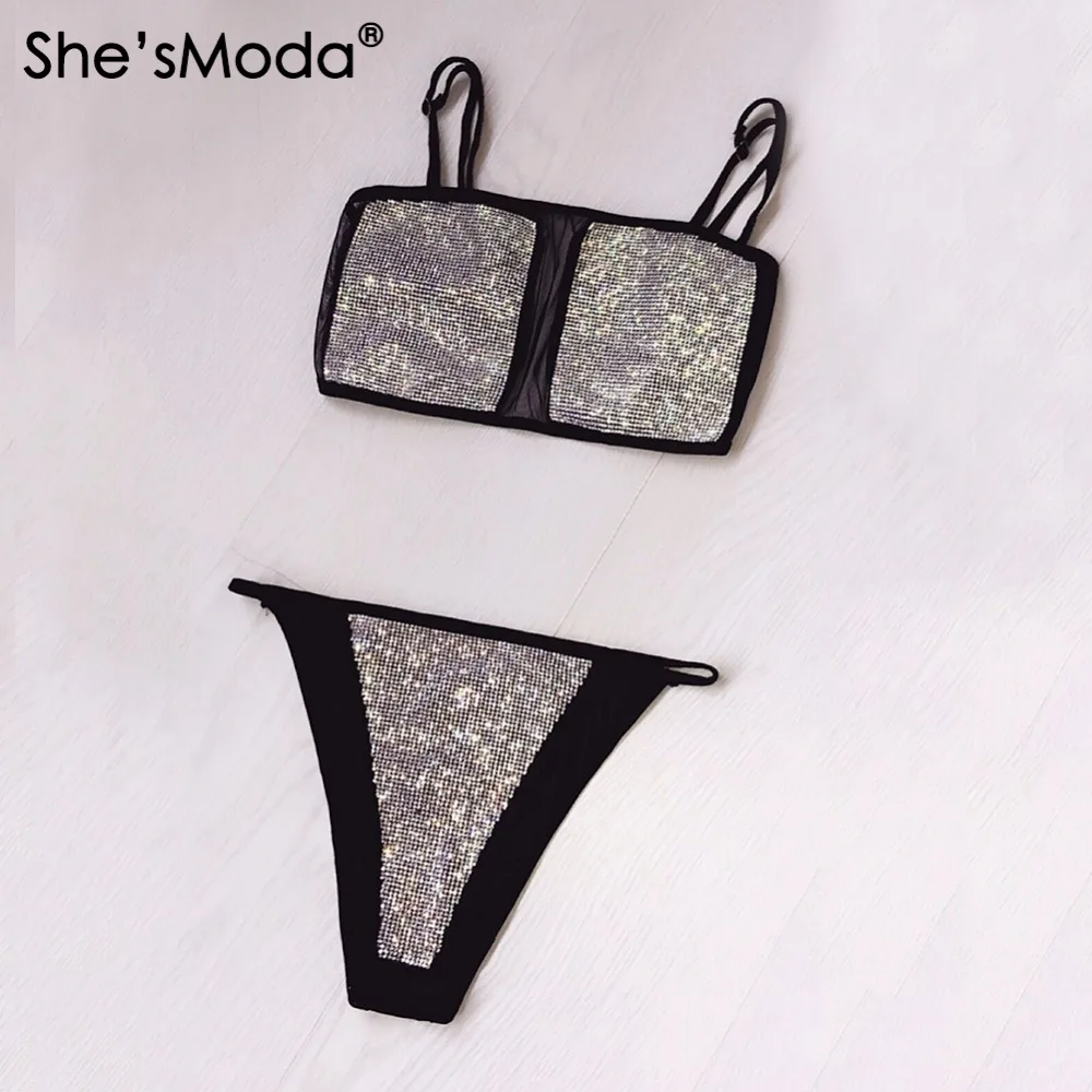 She'sModa сексуальные сетчатые Стразы с блестками 2018 Новый женский комплект