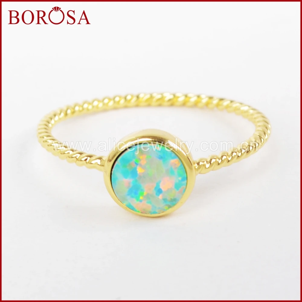 

BOROSA 10PCS Size 7 Gold Bezel 6mm Round Japanese Opal Rings Man-made Opal White/Blue Opal Ring for Women Druzy Jewelry ZG0245