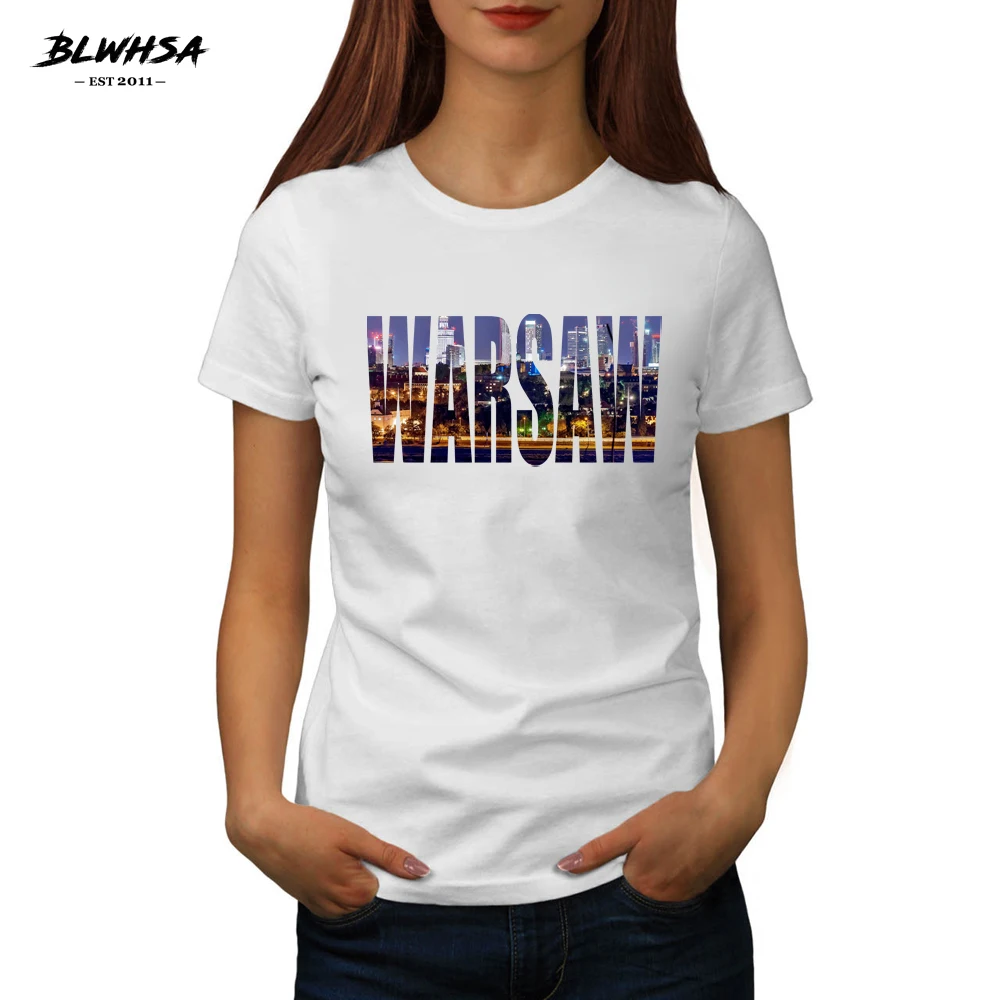 

BLWHSA New Warsaw Letter Printing T Shirt Women Poland City Warsaw 100%Cotton Summer Printed T-Shirts Funny Tshirts For Women