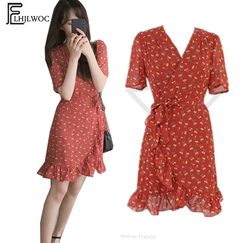 Женское шифоновое платье с V образным вырезом и коротким рукавом|Женские платья| |