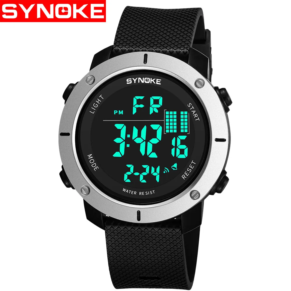 Sliver SYNOKE Sports Watch Men Digital Watches Waterproof Fashion Electronic Wristwatches Date Rubber Clock Black Military Watch - Цвет: Sliver
