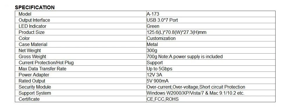 Sipolar Алюминиевый 7 портов USB 3,0 зарядное устройство концентратор многопортовый usb-разветвитель с 12 В 3 А адаптер со светодиодным индикатором кронштейн A-173