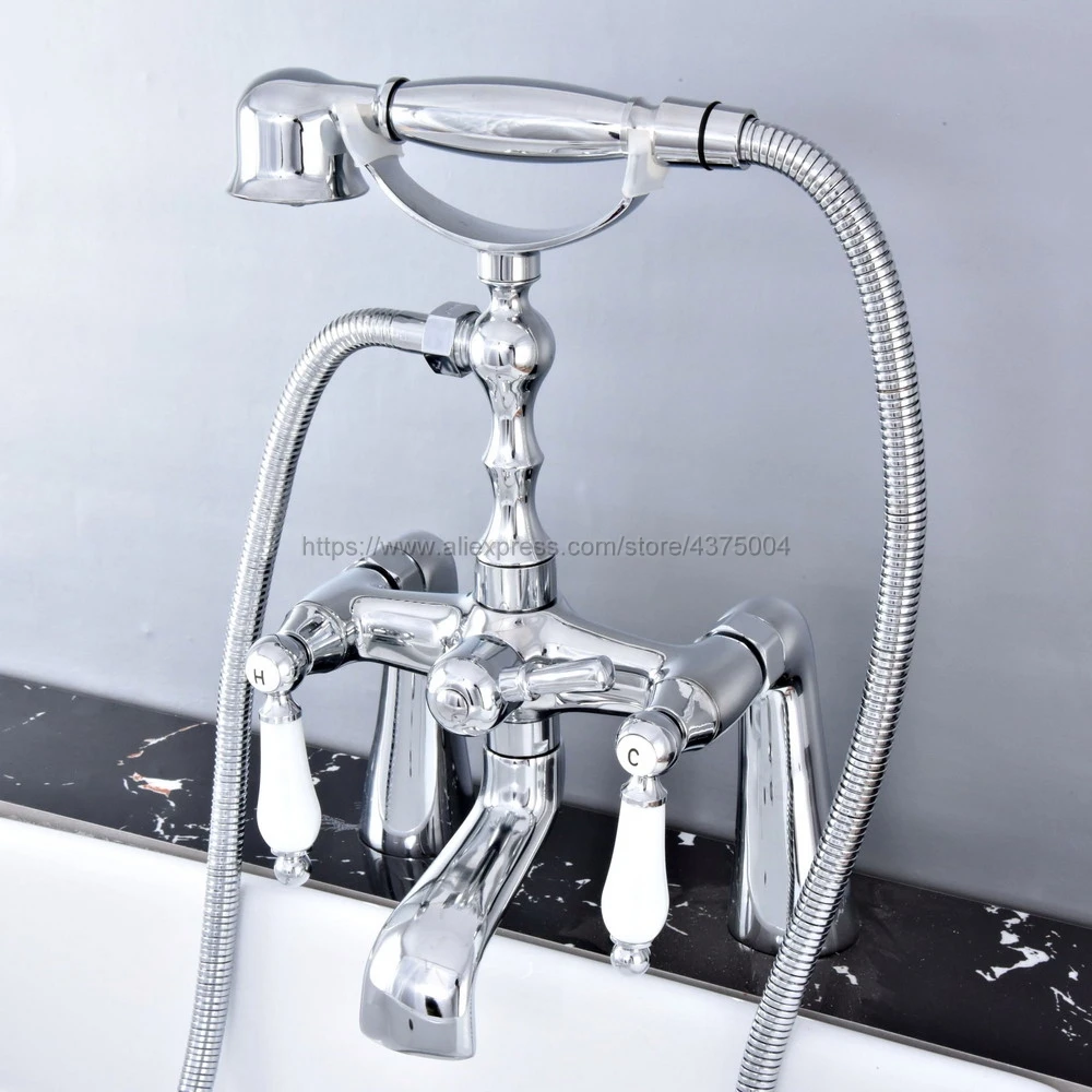 

Bathtub Faucets Chrome Shower Faucets Dual Handle Deck Mounted Bath And Shower Faucet With Handheld Showers Ntf764