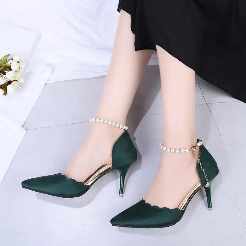 166 Green 7CM Женские туфли-лодочки; Новое поступление года; женская обувь на высоком каблуке с острым закрытым носком; женская свадебная обувь с кружевом и бисером - Цвет: 166 Green 7CM