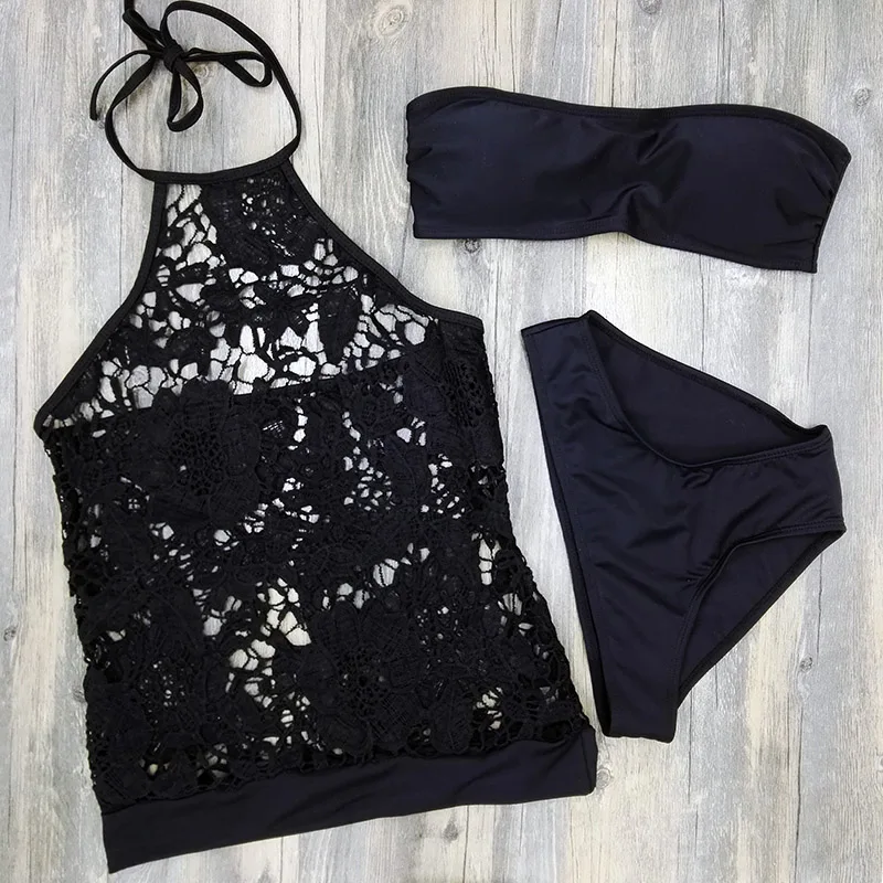 Новый сексуальный сетчатый купальник женский кружевной танкини комплект из трех