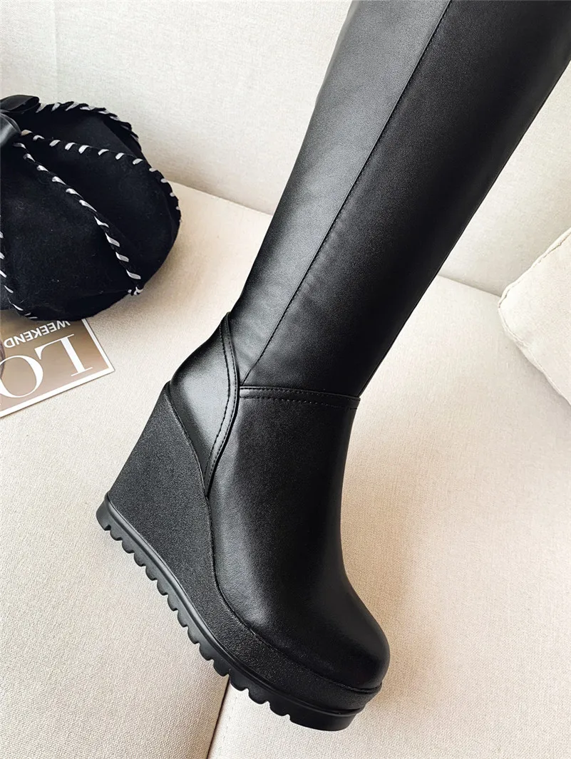 Meotina Winter Thigh High Boots Women Genuine Leather Platform Wedge Heel Over the Knee Boots Zip Super High Heel Long Shoes 40