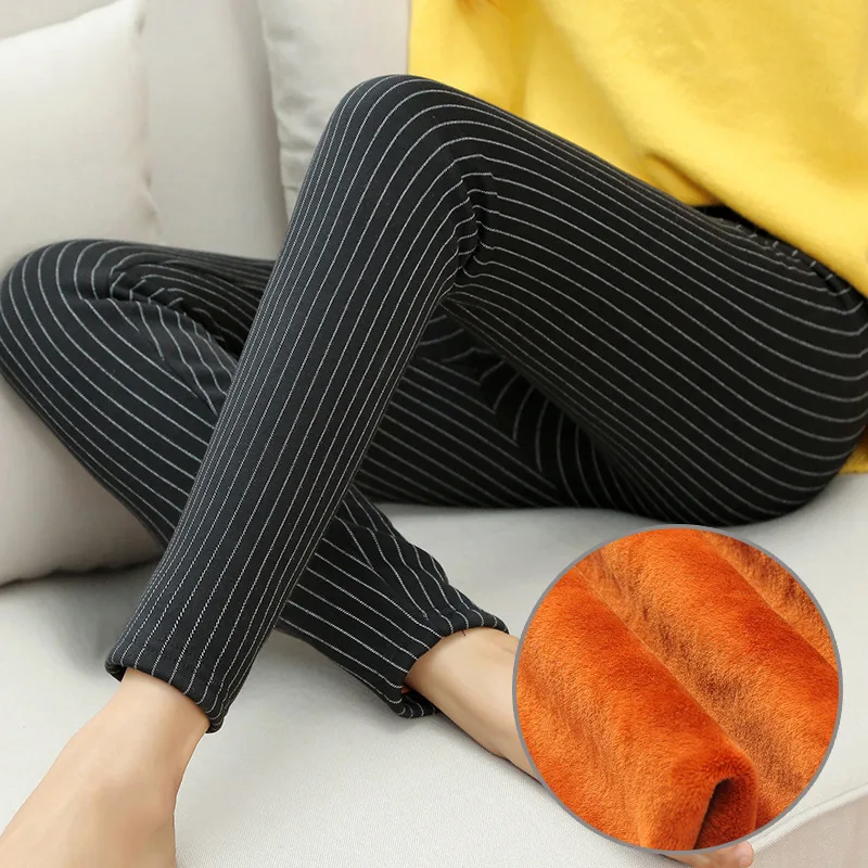 

WKOUD Winter Leggings For Women Vertical Stripes Pencil Pants Thickening Warm Trousers Female Casual Legging Footless P8456