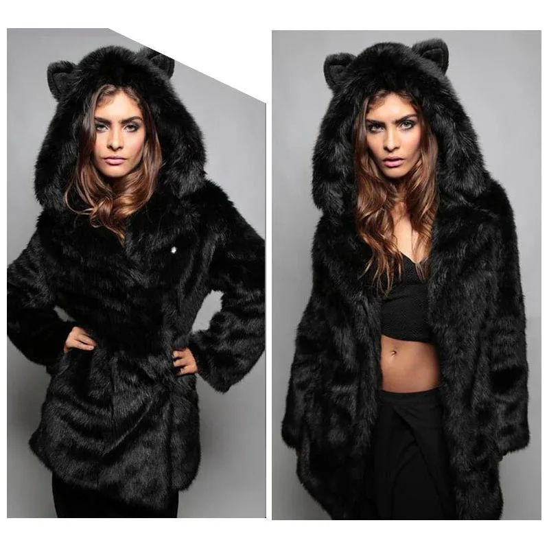 

Like Wolf Artificial Fox Fur Coat Cartoon Ear Hooded Faux Rabbit Fur Coats Plush Jacket Faux Fur Hood Animal Hat Women Outwear