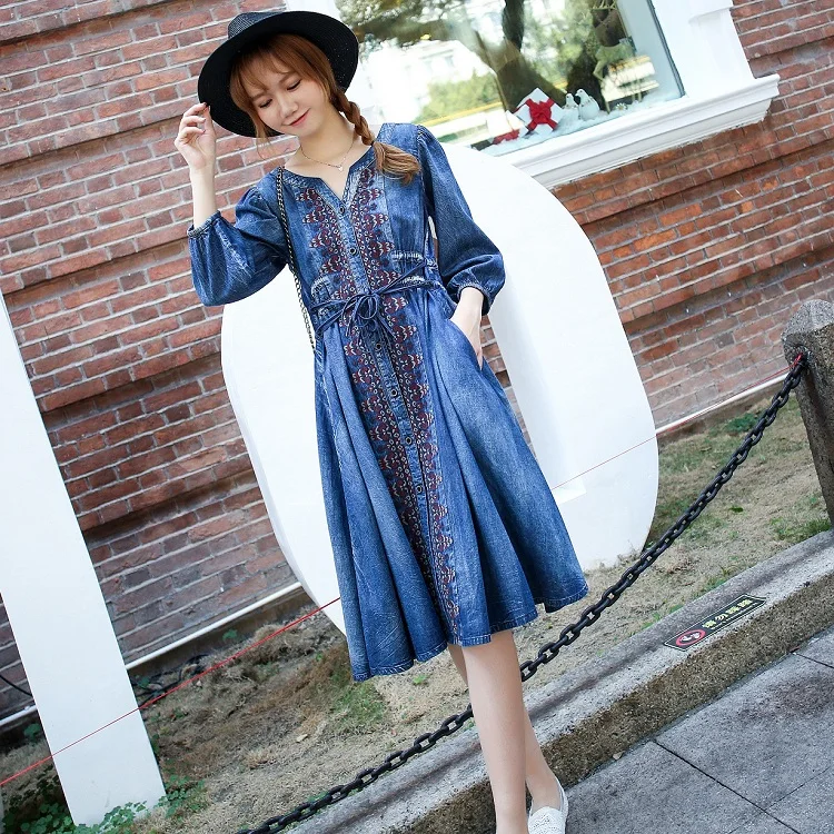 Ancient Style Teens Girls Denim Dress Embroidery V-neck Elastic Waist Fashion Casual Temperament A-line | Женская одежда