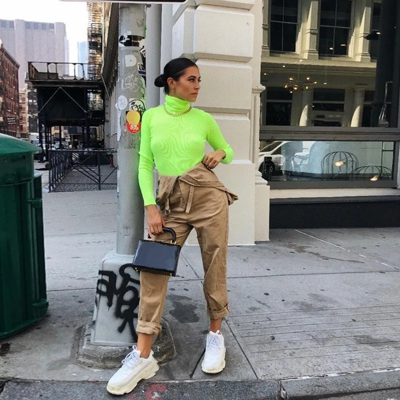 New Arrival Female Turtleneck Thin Sweater Casual Fluorescent Green Knitted Pullover Autumn Winter Long Sleeve Slim Knitwear | Женская