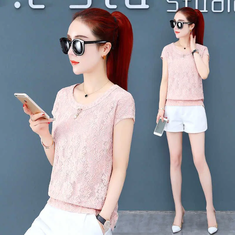 

Women Spring Autumn Style Lace Blouses Shirts Lady Casual Short Sleeve Embroidery O-Neck White Blusas Tops DF2684