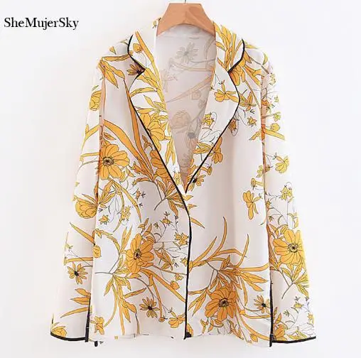 floral blouse SheMujerSky Женская белая блузка с отложным воротником стильные блузки с длинным рукавом Осенняя рубашка модные топы - Цвет: floral blouse