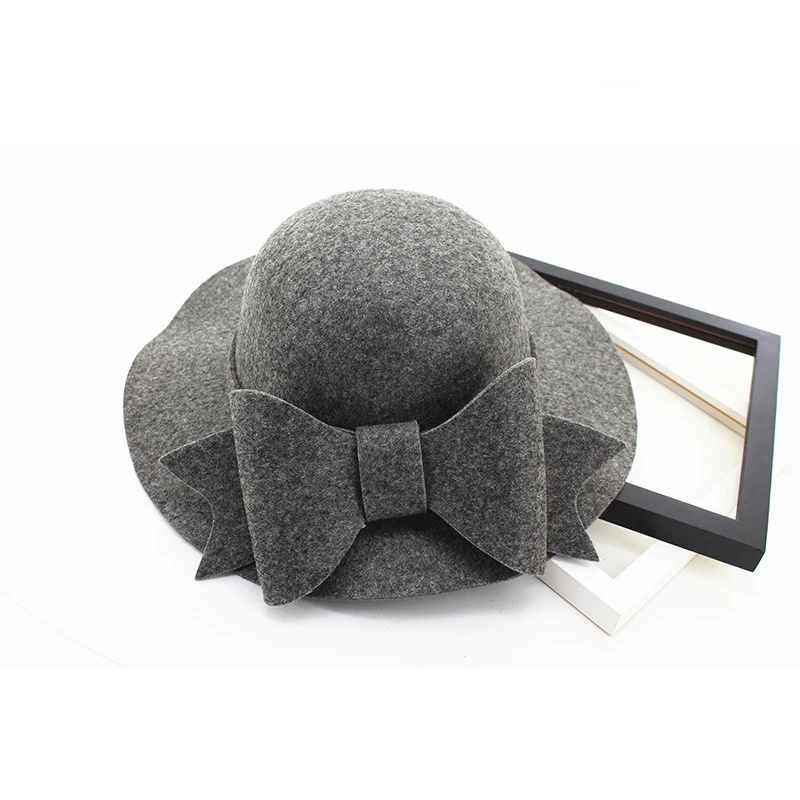 

Fashion Women Wool Felt Fedoras with large bowknot wide Brim bucket Hat Trilby dome cap for ladies girls Autumn Winter