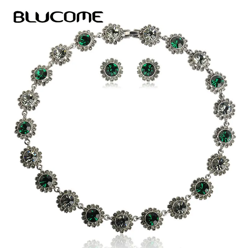 Blucome Vintage Green Flower Choker Necklace Earrings Set Round Crystal Alloy Party Jewelry Sets Women Girls Wedding Decoration|necklace earring