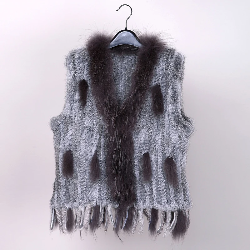 grey dark collar VR001 Женский жилет из натурального кроличьего меха с воротником из меха енота жилет/куртки из кролика Рекс вязанный зимний - Цвет: grey dark collar