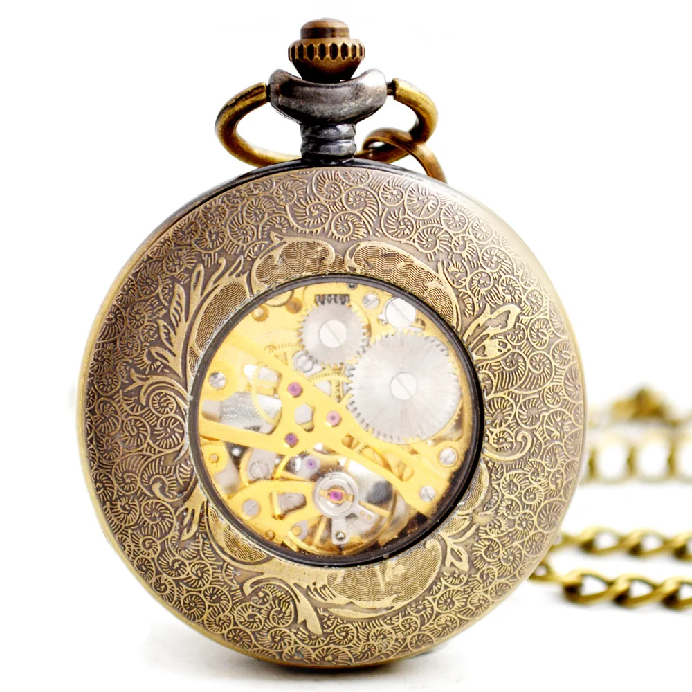 New Vintage Bronze Steampunk Mens Mechanical Pocket Watch Hollow Gear FOB Pocket Watches with Chain Men's Jewelry Gift