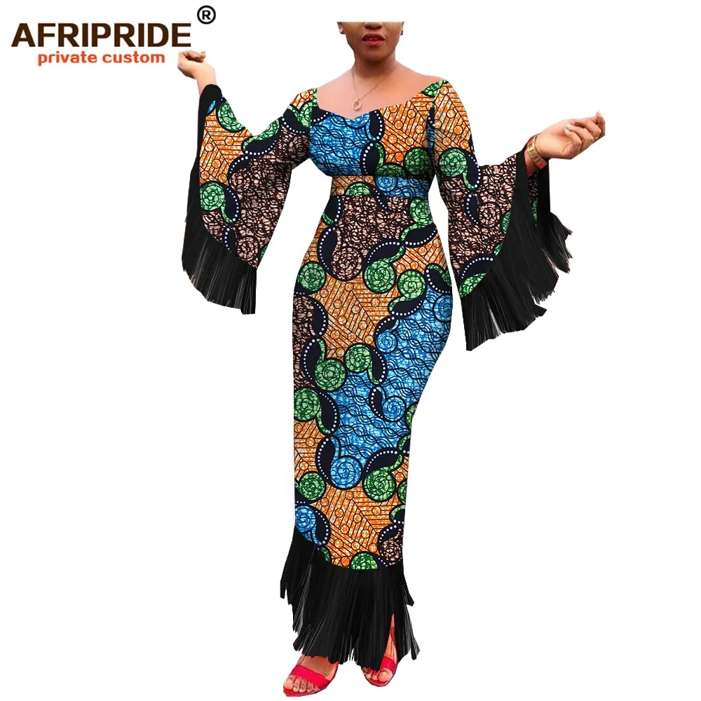 Африканские вечерние платья для женщин AFRIPRIDE индивидуальные полные расклешенные рукава с кисточкой длиной до щиколотки женское Хлопковое платье A1825085 - Цвет: 439J